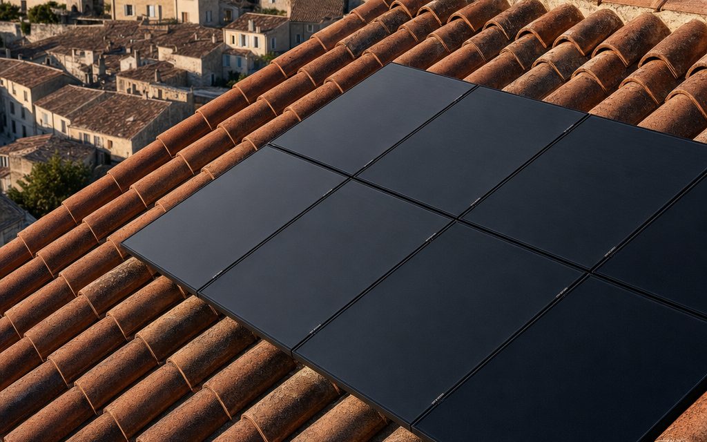Toiture équipée de panneaux solaires dans un village de Provence
